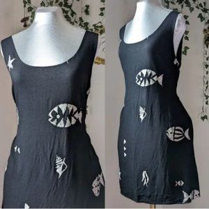 Connie Choi Vintage 90s Black Fish Print Mini Dress Hawaii Coastal Goth Retro L